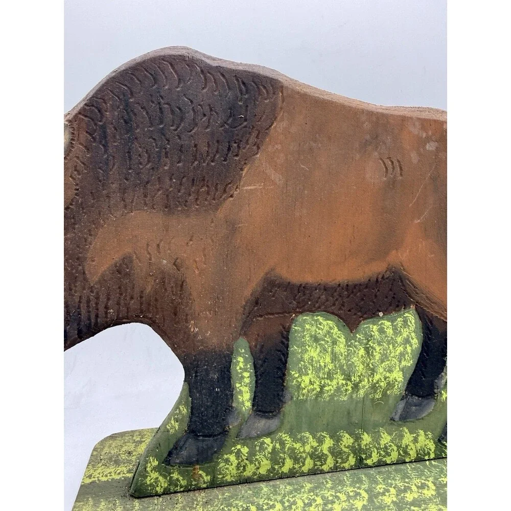 VTG 1988 Menno Shirk Folk Art Wood Carved Wild Buffalo 9” Signed Base Carving